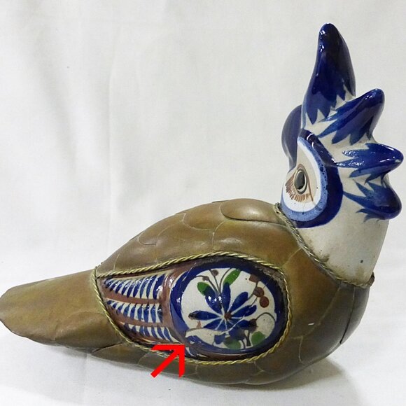 Vtg 80s Tonala ceramic stoneware parrot bird with brass overlay Mexican folk art - Picture 3 of 3